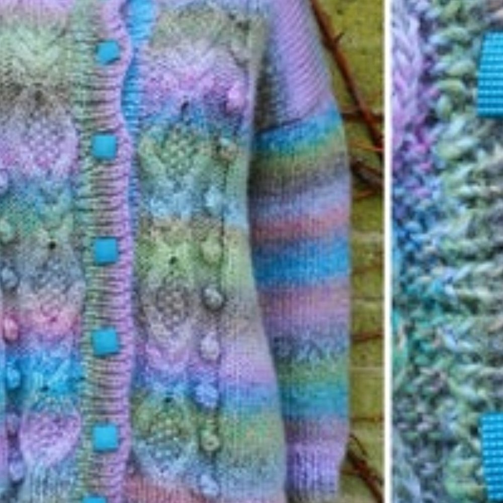RAINBOW stripe space dye  crew neck cardigan Diamond cables